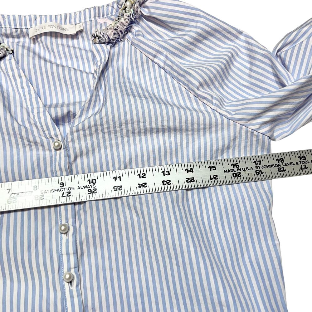 Anne Fontaine Aix Shirt Pearl Neck Size 38 Blue White Pinstripe Button Down - Picture 10 of 12